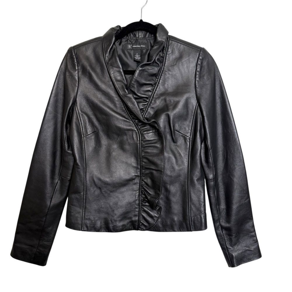 INC International Concepts Black Leather Jacket with Ruffle Detail Feminine S